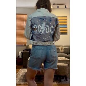 AC/DC Upcycled Vintage Retro Jacket Tie Dye 70s 80s Metal Rock Denim Grunge Sz S